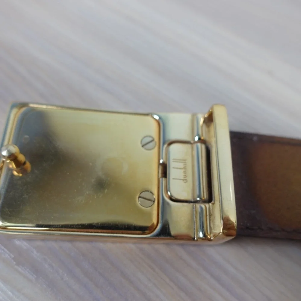DUNHILL Black Leather Belt Mens 36 Genuine Cowhide Gold Plated Buckle SLIM